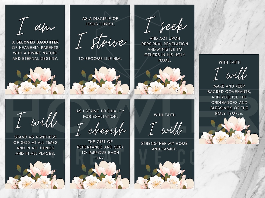Printable YW Theme, Affirmation Card Style - LDS Young Women Set of 7 ...