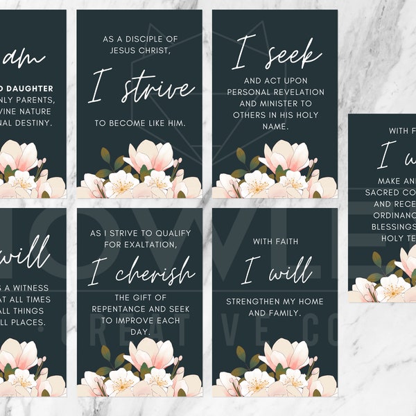 Printable YW Theme, Affirmation Card Style - LDS Young Women Set of 7, Downloadable