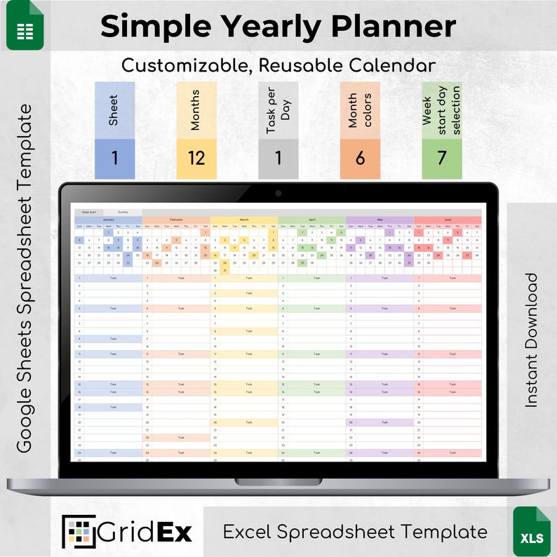 Simple Yearly Planner Spreadsheet Template for Excel and Google Sheets with one-sheet layout, 12 months, task tracking, color-coded months, and customizable week start. Instant download.

yearly calendar 2025, 2025 excel planner, google sheets planner, calendar 2025 excel, excel calendar 2025, calendar spreadsheet, spreadsheet planner, yearly planner excel, 2025 calendar sheet, annual planner 2025, productivity excel, calendar template, excel google planner