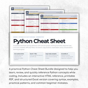 Close-up product preview of the Python Cheat Sheet Bundle displaying layered printable PDF pages and the interactive HTML learning interface. The image highlights structured Python study materials designed for syntax review, coding examples, and practical learning. Supporting text describes the bundle as a reference system for learning, revision, and quick coding lookup.