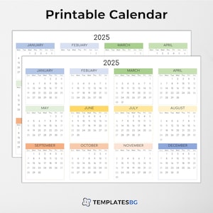 Kalender 2025 PDF | Jährliche Kalendervorlage | Druckbarer Kalender | Blanko-Kalender | Kalender 2025 | Excel Vorlage