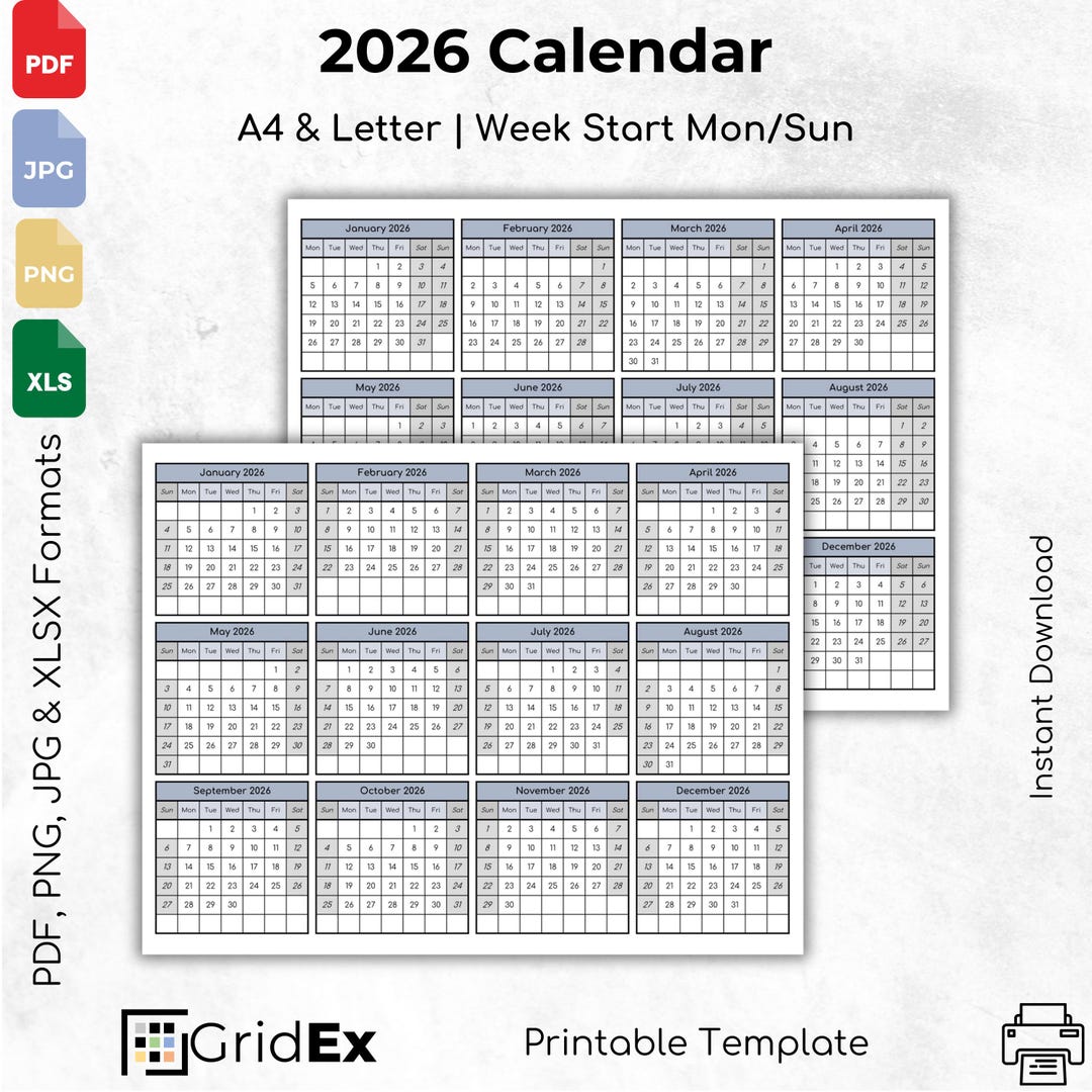 2026 Printable Calendar Template: Landscape PDF, JPG, PNG (digital
