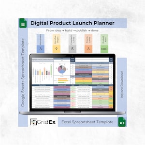 May include: A laptop screen displays a digital product launch planner spreadsheet. The image includes the text "Digital Product Launch Planner" and "Excel Spreadsheet Template." The spreadsheet template includes sections for worksheets, workflow stages, complexity levels, and priority levels.