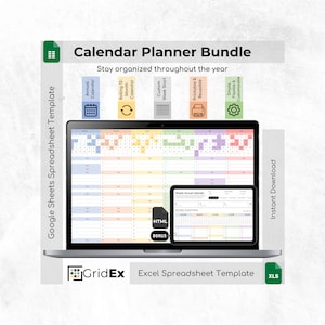 May include: A digital Calendar Planner Bundle displayed on a laptop screen, featuring a Google Sheets Spreadsheet Template and an Excel Spreadsheet Template. The interface shows a colorful annual calendar, a rolling 12-month view, and HTML bonus files.