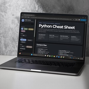 Laptop mockup featuring the Python Cheat Sheet interactive HTML interface in dark mode. The display highlights searchable topics, categorized navigation, and expandable learning cards designed to make Python learning more organized and easier to review.
