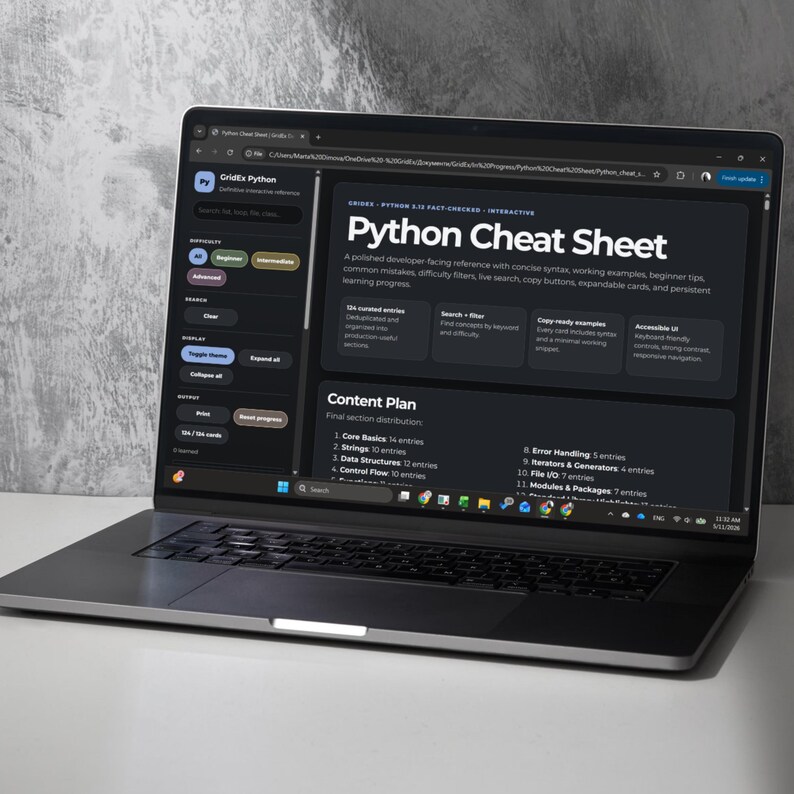 Laptop mockup featuring the Python Cheat Sheet interactive HTML interface in dark mode. The display highlights searchable topics, categorized navigation, and expandable learning cards designed to make Python learning more organized and easier to review.