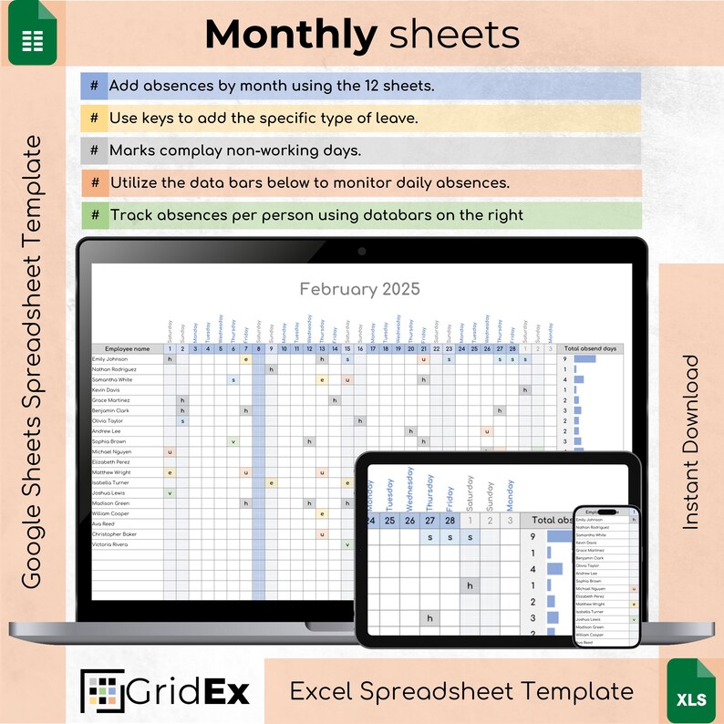 Visual Absence Calendar Employee Absence Tracker: Excel & Google Sheets Template - Etsy