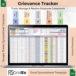 Puede incluir: Un portátil muestra una plantilla de hoja de cálculo "Grievance Tracker". La plantilla, de GridEx, está diseñada para rastrear, gestionar y resolver las quejas de los empleados. La hoja de cálculo de Excel muestra datos con encabezados como "KPI's tracking" y "Departamentos y tipos de quejas".