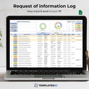 Peut inclure: Un écran d'ordinateur portable affichant une feuille de calcul intitulée "Journal des demandes d'informations". La feuille de calcul est un journal pour suivre les demandes d'informations, avec des colonnes pour la description de la demande, la personne qui a demandé, la personne qui a répondu, la date de la demande, la date de la réponse et des notes. La feuille de calcul est organisée en lignes, chaque ligne représentant une demande différente. La feuille de calcul est codée par couleur pour indiquer l'état de chaque demande.