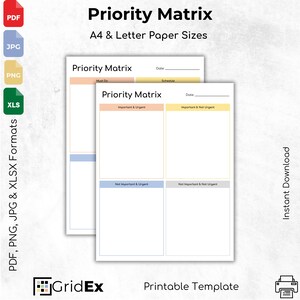 May include: Two printable "Priority Matrix" templates on white paper. The templates are labeled with sections for "Important & Urgent", "Important & Not Urgent", "Not Important & Urgent", and "Not Important & Not Urgent". The text "Priority Matrix" is at the top.