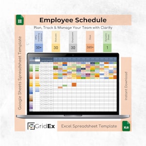 May include: A laptop displays an employee schedule template. The template is a spreadsheet with color-coded cells. Text includes "Employee Schedule", "Plan, Track & Manage Your Team with Clarity", and "Instant Download". The template is for Google Sheets and Excel.