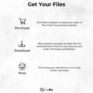 A graphic explaining the purchasing process. Icons represent purchasing, downloading, and printing. Text details how to purchase the files, receive the download link, and print them for use.