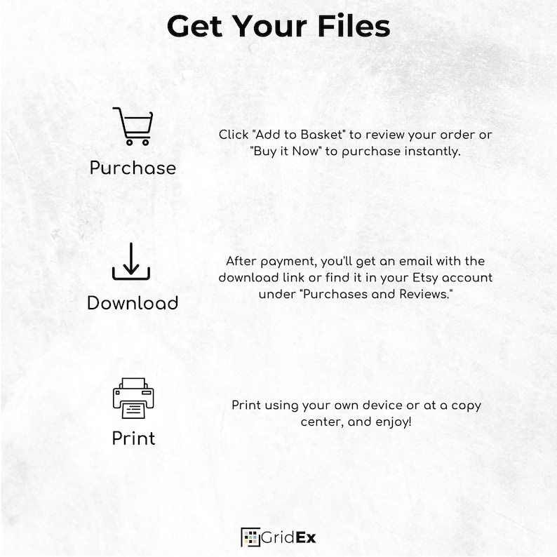 A graphic explaining the purchasing process. Icons represent purchasing, downloading, and printing. Text details how to purchase the files, receive the download link, and print them for use.