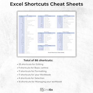 Cheat sheet showcasing 86 shortcuts grouped into categories like editing, formatting, and workbook management.