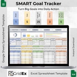 Può includere: Un laptop mostra un modello di foglio di calcolo SMART Goal Tracker. Lo schermo mostra un layout dettagliato con sezioni per obiettivi, attività e grafici. Il testo "Turn Big Goals into Daily Action" è incluso.