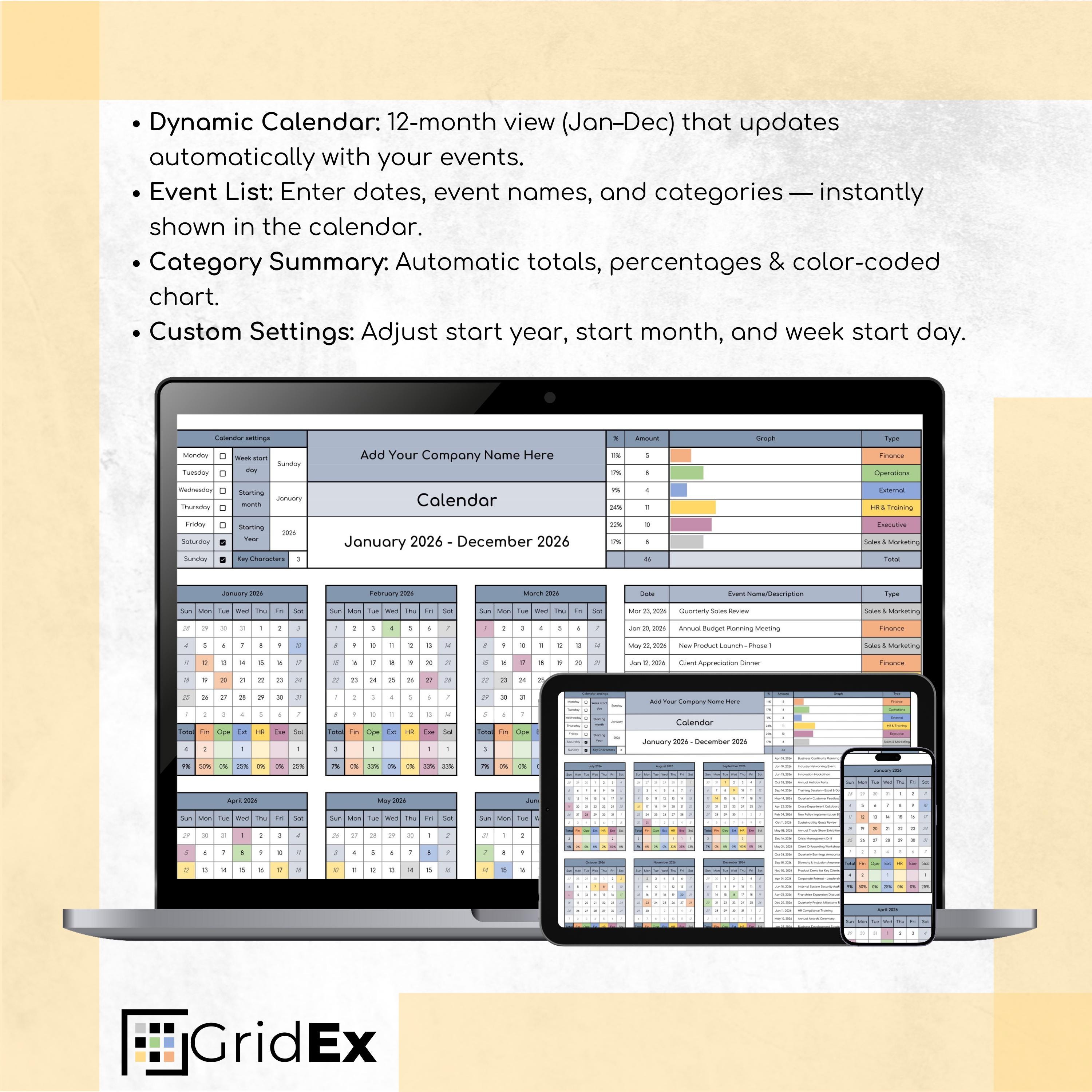 Event Calendar Spreadsheet Template | Excel & Google Sheets Yearly ...