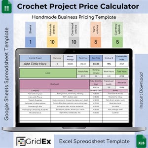 May include: A laptop displays a "Crochet Project Price Calculator" spreadsheet template. The template includes sections for sheets, materials, overhead, yarn, and currency options. The spreadsheet is designed for handmade business pricing.