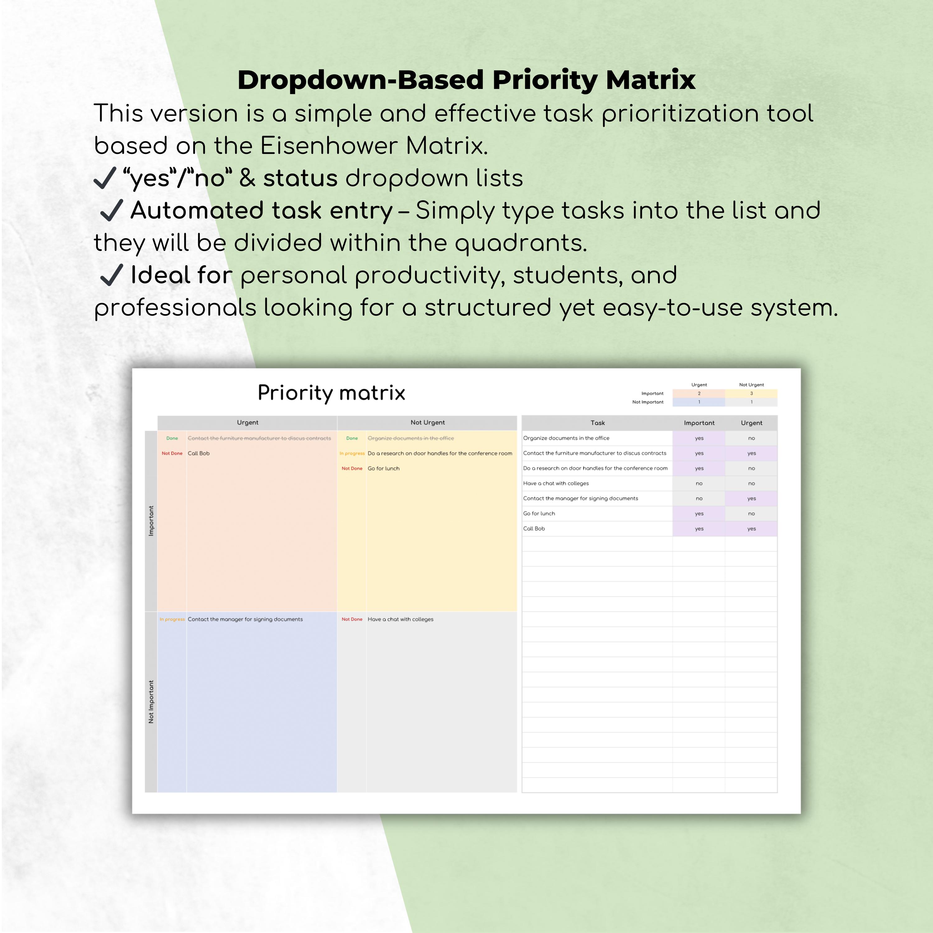 Eisenhower Matrix Spreadsheet: Priority Task Tracker (excel & Google ...