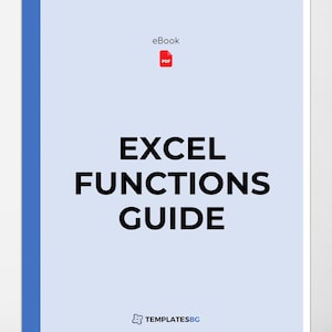May include: A blue and white ebook cover with the text "EXCEL FUNCTIONS GUIDE" and the logo "TEMPLATESBG".