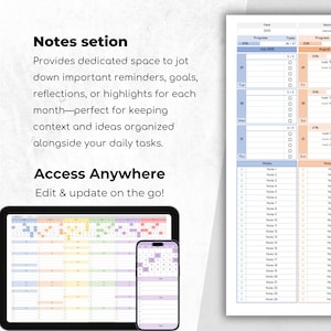 Yearly Calendar Planner Spreadsheet for Excel and Google Sheets showing 12-month layout with daily task tracking, progress bars, checkboxes, and customizable start month. Includes dynamic formulas, dropdown menus, monthly notes section, and print-friendly design. Ideal digital planner for students, teachers, professionals, and ADHD users. Fully editable and reusable template.
yearly calendar, task planner, daily checklist, calendar template, excel planner, google sheets, task tracker