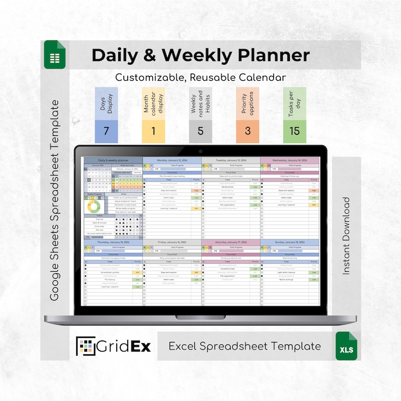 Daily & Weekly Planner Spreadsheet (excel + Google Sheets) - Etsy