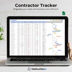 May include: A laptop displays a spreadsheet titled "Contractor Tracker" with project data. The screen shows a detailed schedule with color-coded timelines. The text "Organize your work and become more efficient" is at the top. A pencil and a small wooden figure are next to the laptop.