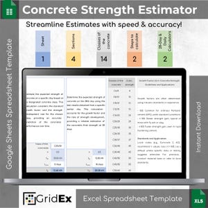 以下が含まれることがあります： コンクリートの強度を計算するためのスプレッドシートテンプレートが表示されたラップトップの画面。スプレッドシートのタイトルは「コンクリート強度推定器」で、「シート」、「セクション」、「コンクリートのクラス」、「計算手順」、「28日と日々の計算機」のセクションが含まれています。スプレッドシートには、さまざまなコンクリートのクラスとその対応する立方体強度を示す表も含まれています。