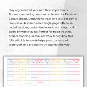 Simple Yearly Planner Spreadsheet Template for Excel and Google Sheets with one-sheet layout, 12 months, task tracking, color-coded months, and customizable week start. Instant download.

yearly calendar 2025, 2025 excel planner, google sheets planner, calendar 2025 excel, excel calendar 2025, calendar spreadsheet, spreadsheet planner, yearly planner excel, 2025 calendar sheet, annual planner 2025, productivity excel, calendar template, excel google planner