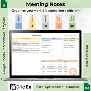 Modello di note di riunione: modello di foglio di calcolo Excel e Google Sheets / modello di foglio di calcolo aziendale per il monitoraggio delle note, modello di agenda, tracker delle attività