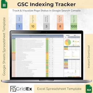 May include: A laptop displays a Google Sheets spreadsheet template titled "GSC Indexing Tracker." The spreadsheet tracks page status in Google Search Console. The image includes the text "Track & Visualize Page Status in Google Search Console" and "Instant Download."
