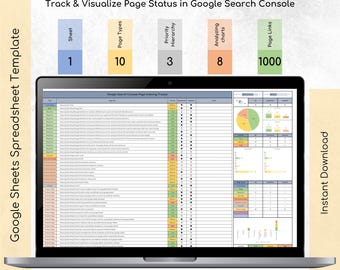 May include: A laptop displays a Google Sheets spreadsheet template titled "GSC Indexing Tracker." The spreadsheet tracks page status in Google Search Console. The image includes the text "Track & Visualize Page Status in Google Search Console" and "Instant Download."