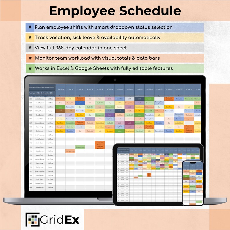 Employee Daily Rota Employee Shift Schedule Spreadsheet | HR Staff Planner and Rota ...