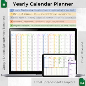 Yearly Calendar Planner Spreadsheet for Excel and Google Sheets showing 12-month layout with daily task tracking, progress bars, checkboxes, and customizable start month. Includes dynamic formulas, dropdown menus, monthly notes section, and print-friendly design. Ideal digital planner for students, teachers, professionals, and ADHD users. Fully editable and reusable template.
yearly calendar, task planner, daily checklist, calendar template, excel planner, google sheets, task tracker