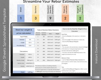 Rebar Weight & Price Calculator | Civil Engineering Excel and Google Sheets Spreadsheet