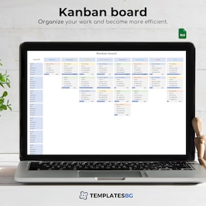 May include: A laptop computer displaying a Kanban board spreadsheet with the title "Kanban board" and the text "Organize your work and become more efficient." The spreadsheet is divided into columns with headings such as "To do", "In progress", "Done", and "Review". Each column contains a list of tasks with their status and due date.
