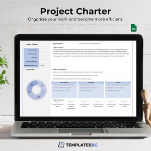 Może przedstawiać: Ekran laptopa wyświetlający szablon karty projektu z tytułem "Karty projektu" i podtytułem "Zorganizuj swoją pracę i stań się bardziej efektywny." Szablon zawiera sekcje dla nazwy projektu, kierownika projektu, sponsora projektu, szacowanej daty rozpoczęcia, szacowanej daty zakończenia, szacowanego kosztu projektu, budżetu projektu, celów i kluczowych celów, założeń, ograniczeń, ryzyk, kamieni milowych projektu i interesariuszy projektu. Szablon został zaprojektowany, aby pomóc menedżerom projektów w efektywnym planowaniu i zarządzaniu projektami.