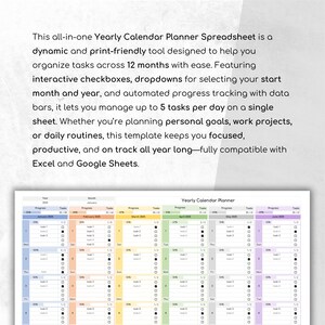 Yearly Calendar Planner Spreadsheet for Excel and Google Sheets showing 12-month layout with daily task tracking, progress bars, checkboxes, and customizable start month. Includes dynamic formulas, dropdown menus, monthly notes section, and print-friendly design. Ideal digital planner for students, teachers, professionals, and ADHD users. Fully editable and reusable template.
yearly calendar, task planner, daily checklist, calendar template, excel planner, google sheets, task tracker