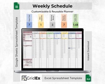 Weekly Schedule Planner Spreadsheet Excel Google Sheets Time Block Task Habit Tracker Template