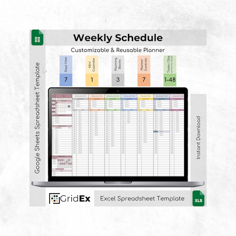 Weekly Selector Weekly Schedule Planner Spreadsheet Excel Google Sheets Time Block Task ...