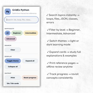 Interactive HTML control panel preview showing search bar, difficulty filters, theme toggle, display settings, print options, and progress tracking tools. Side notes explain how to search Python topics, filter by difficulty level, and use the learning controls more efficiently.
