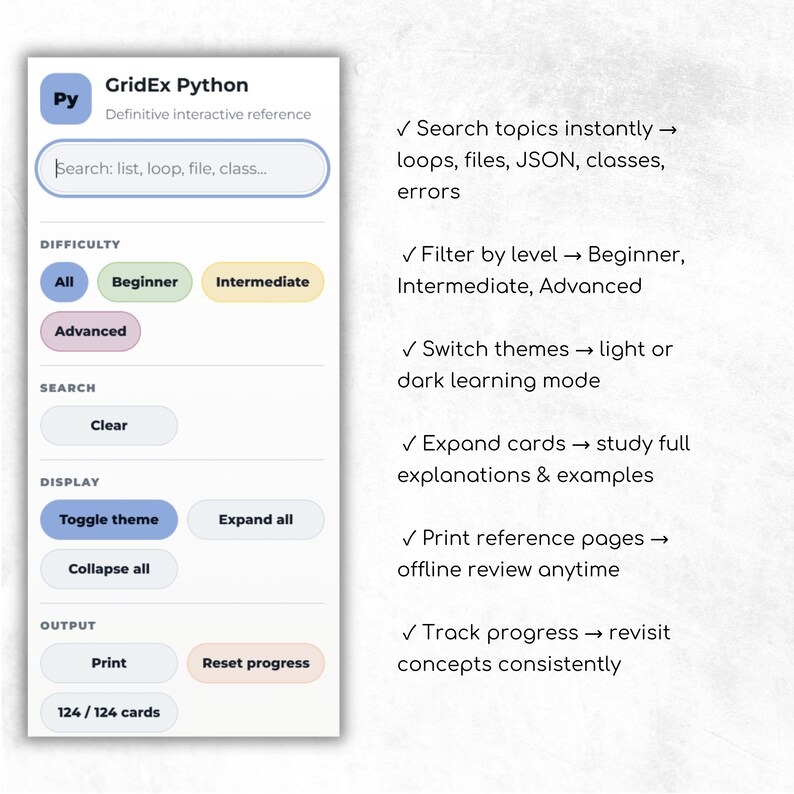 Interactive HTML control panel preview showing search bar, difficulty filters, theme toggle, display settings, print options, and progress tracking tools. Side notes explain how to search Python topics, filter by difficulty level, and use the learning controls more efficiently.