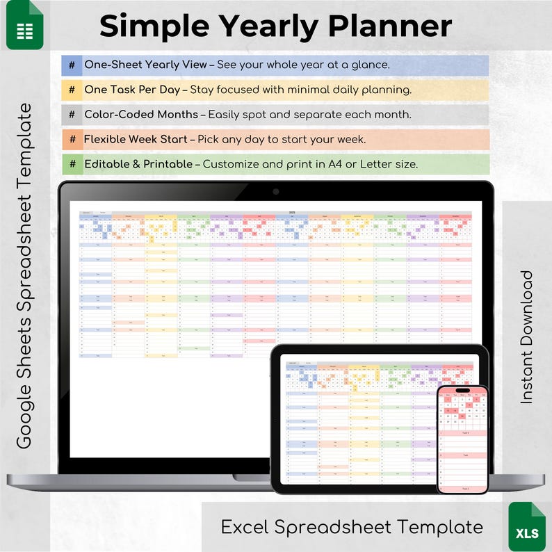 Simple Yearly Planner Spreadsheet Template for Excel and Google Sheets with one-sheet layout, 12 months, task tracking, color-coded months, and customizable week start. Instant download.

yearly calendar 2025, 2025 excel planner, google sheets planner, calendar 2025 excel, excel calendar 2025, calendar spreadsheet, spreadsheet planner, yearly planner excel, 2025 calendar sheet, annual planner 2025, productivity excel, calendar template, excel google planner