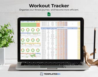 May include: A laptop computer displaying a spreadsheet with a workout tracker. The spreadsheet includes a calendar, pie charts, and data tables. The text "Workout Tracker" is displayed at the top of the spreadsheet. The text "Organize your fitness journey and become more efficient." is displayed below the title. The text "XLS" is displayed in a green box in the upper right corner of the image.