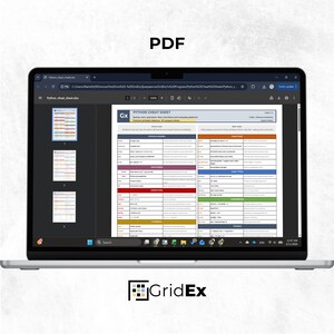 Laptop screen displaying the printable PDF version of the Python Cheat Sheet Bundle. The PDF preview shows multiple structured reference pages organized by Python topics, syntax patterns, and examples. This image focuses on the printable study format designed for offline review, quick lookup, and desk-side coding support.