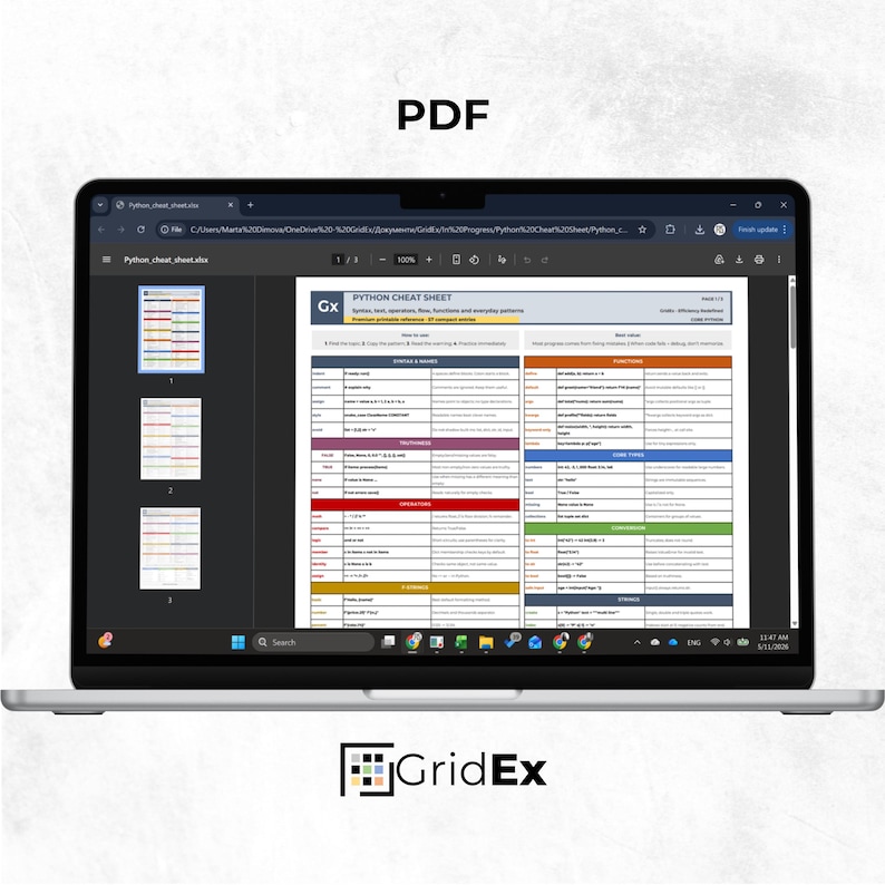 Laptop screen displaying the printable PDF version of the Python Cheat Sheet Bundle. The PDF preview shows multiple structured reference pages organized by Python topics, syntax patterns, and examples. This image focuses on the printable study format designed for offline review, quick lookup, and desk-side coding support.