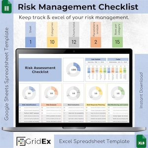 Plantilla de lista de verificación de gestión de riesgos / Hojas de cálculo de Excel y Google / Hoja de cálculo de evaluación y seguimiento de riesgos del proyecto