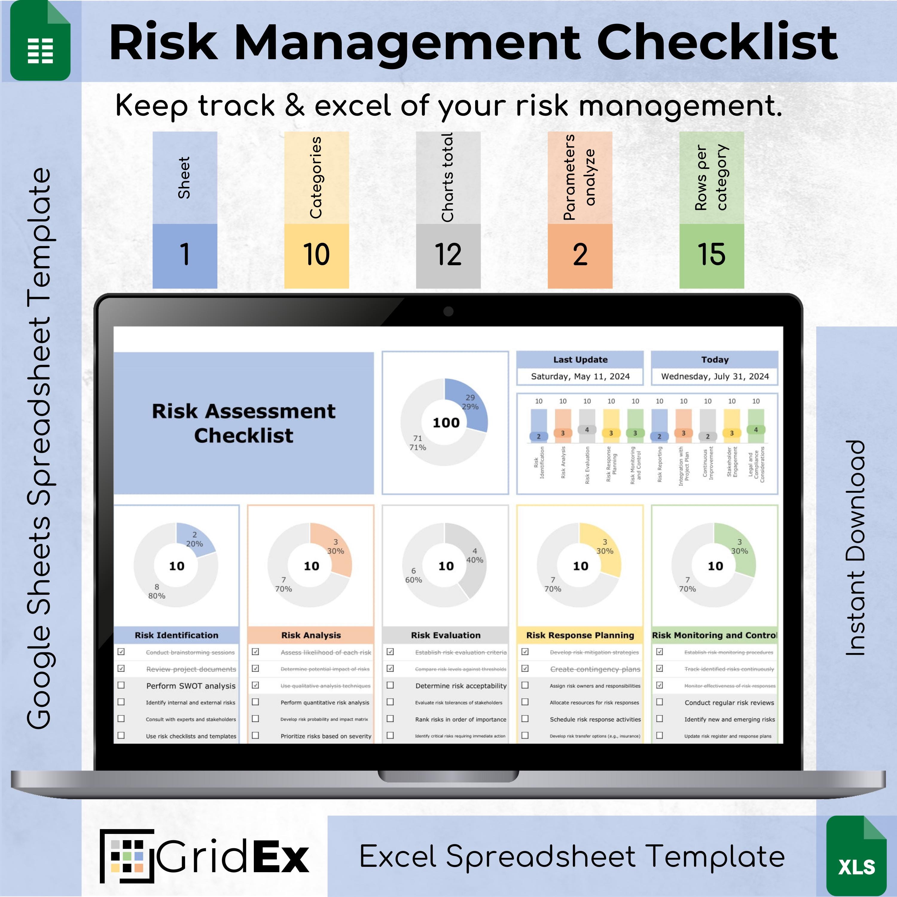 Risk Management Checklist Template | Excel & Google Sheets | Project Risk Assessment and Tracking Spreadsheet