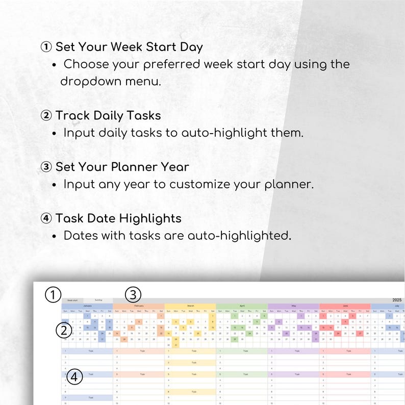 Simple Yearly Planner Spreadsheet Template for Excel and Google Sheets with one-sheet layout, 12 months, task tracking, color-coded months, and customizable week start. Instant download.

yearly calendar 2025, 2025 excel planner, google sheets planner, calendar 2025 excel, excel calendar 2025, calendar spreadsheet, spreadsheet planner, yearly planner excel, 2025 calendar sheet, annual planner 2025, productivity excel, calendar template, excel google planner