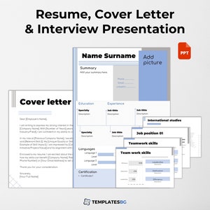 Może przedstawiać: Szablon CV w kolorze niebieskim i szarym z tytułem "CV, list motywacyjny i prezentacja na rozmowę kwalifikacyjną". Szablon zawiera sekcje dotyczące wykształcenia, doświadczenia, znajomości języków i certyfikatów. Szablon zawiera również sekcję na list motywacyjny.
