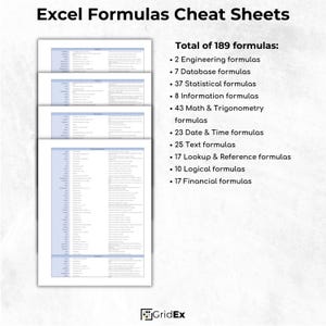 Overview of 189 Excel formulas, categorized into areas like math, statistics, text, and logical functions.